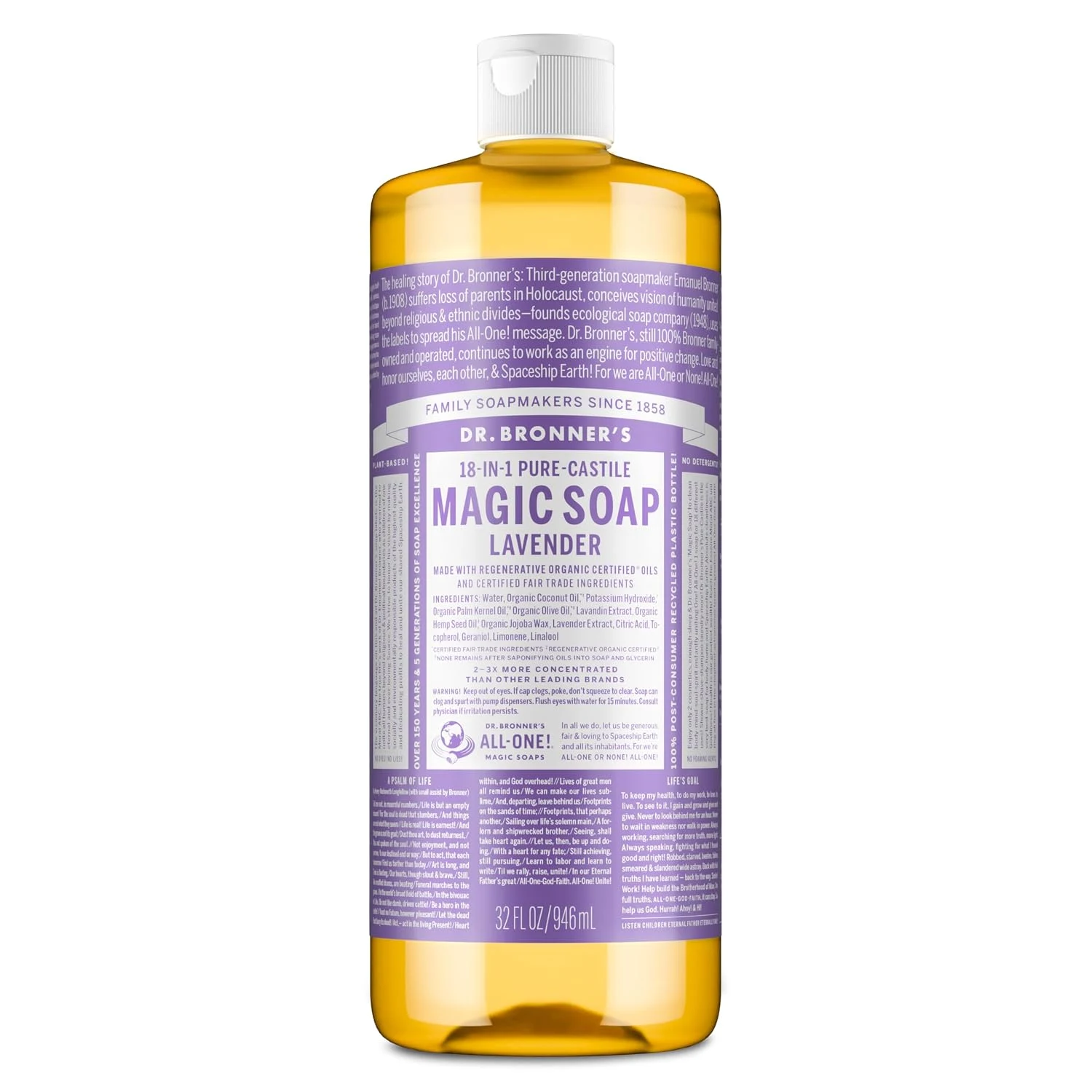 Dr. Bronner's Pure-Castile Liquid Soap, Made with Organic Oils, 18-in-1 Uses: Face, Body, Hair, Laundry, Pets and Dishes, Concentrated, Vegan, Non-GMO, Lavender, 32 Oz