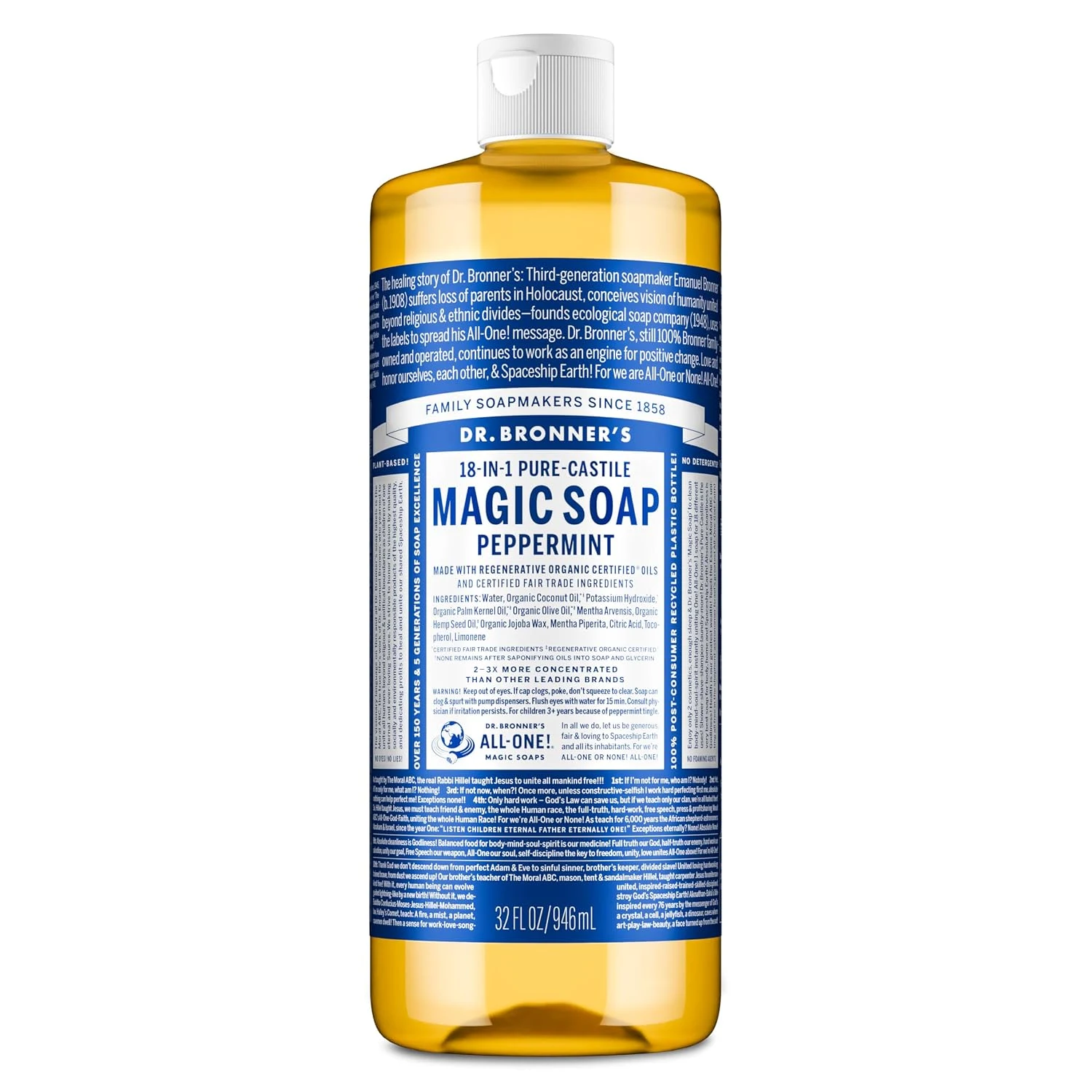 Dr. Bronner's Peppermint Pure-Castile Liquid Soap, Hand Soap, 32 oz